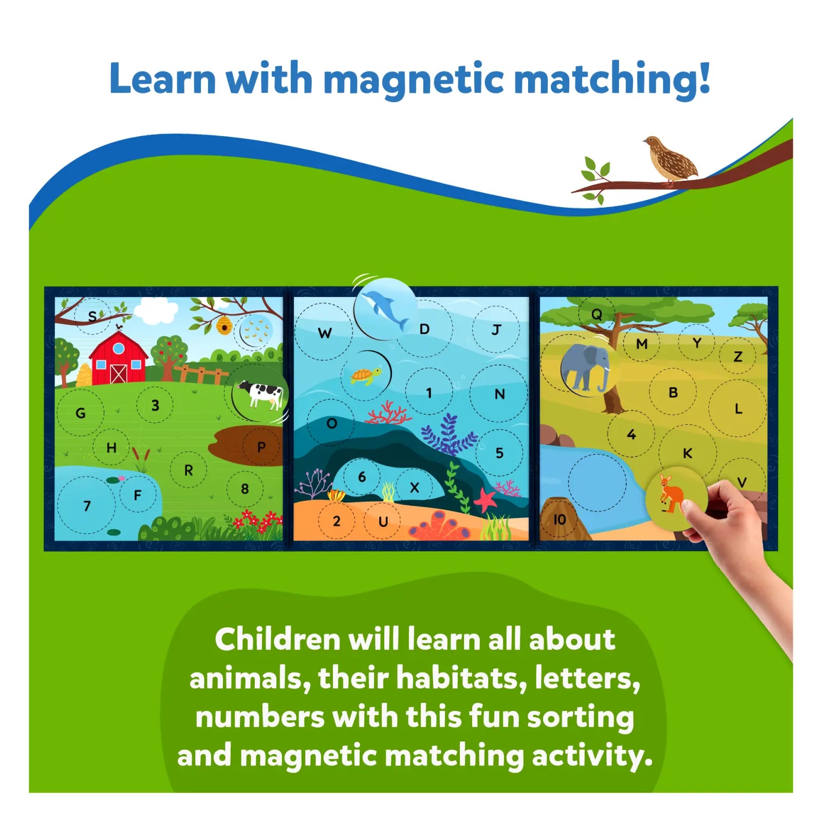 Educational magnetic matching game for kids featuring Letters, Numbers, and Animals