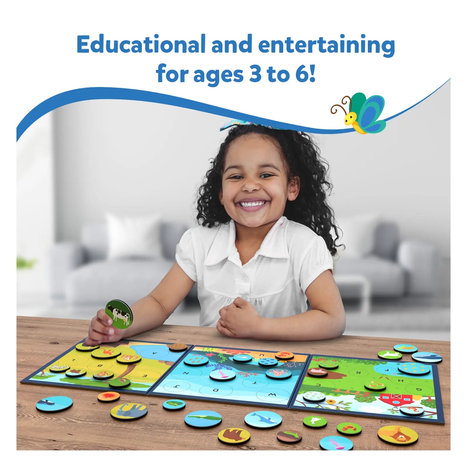 Educational matching game featuring letters numbers and animals for ages 3-6
