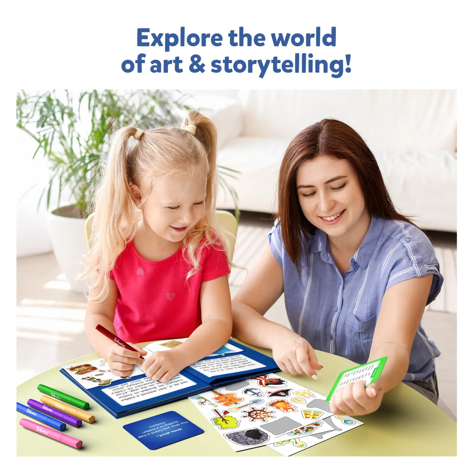 Child and woman playing a storytelling game with My Storybook Art Kit All My Adventures
