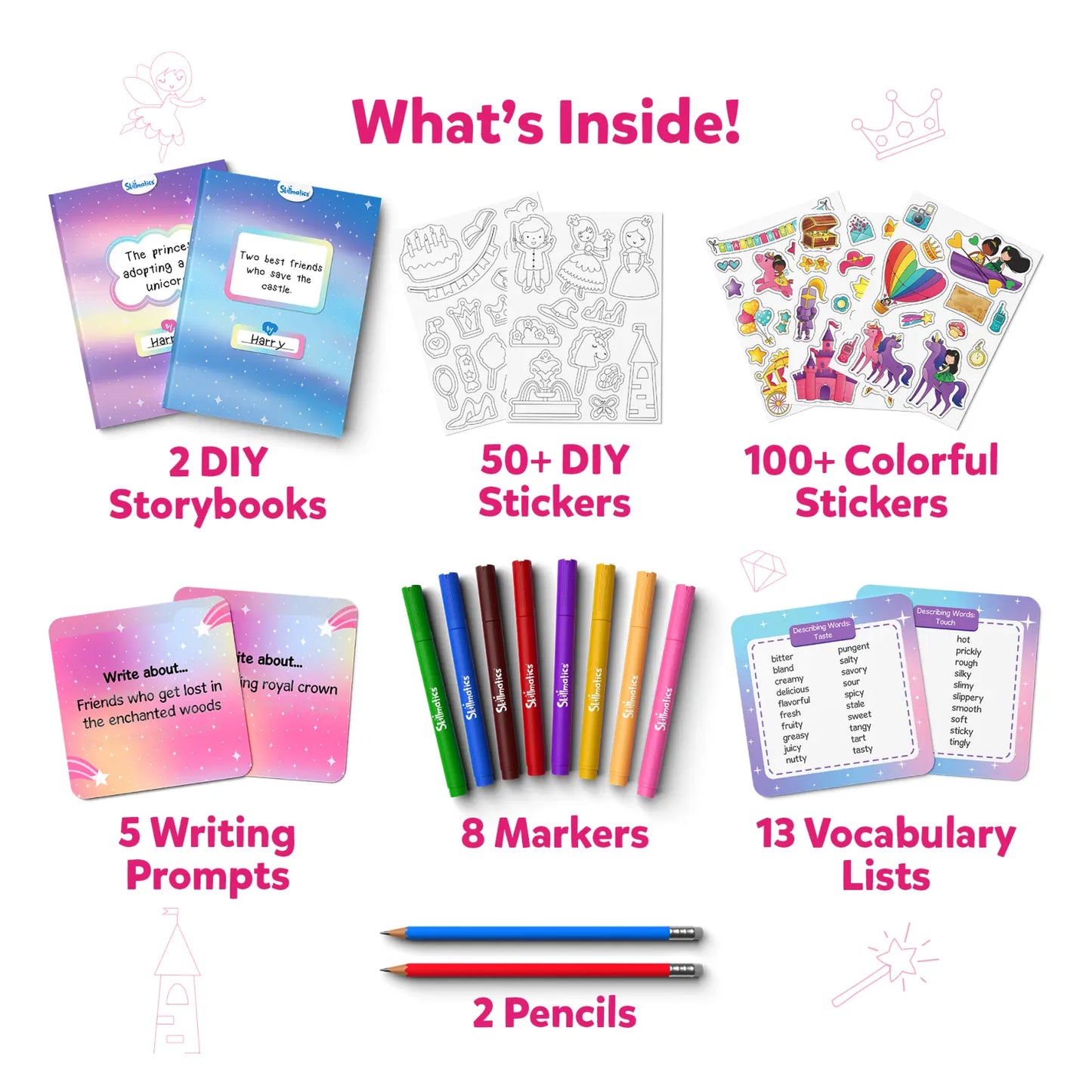 Children’s storybook art kit with unicorn and princess-themed crafting supplies