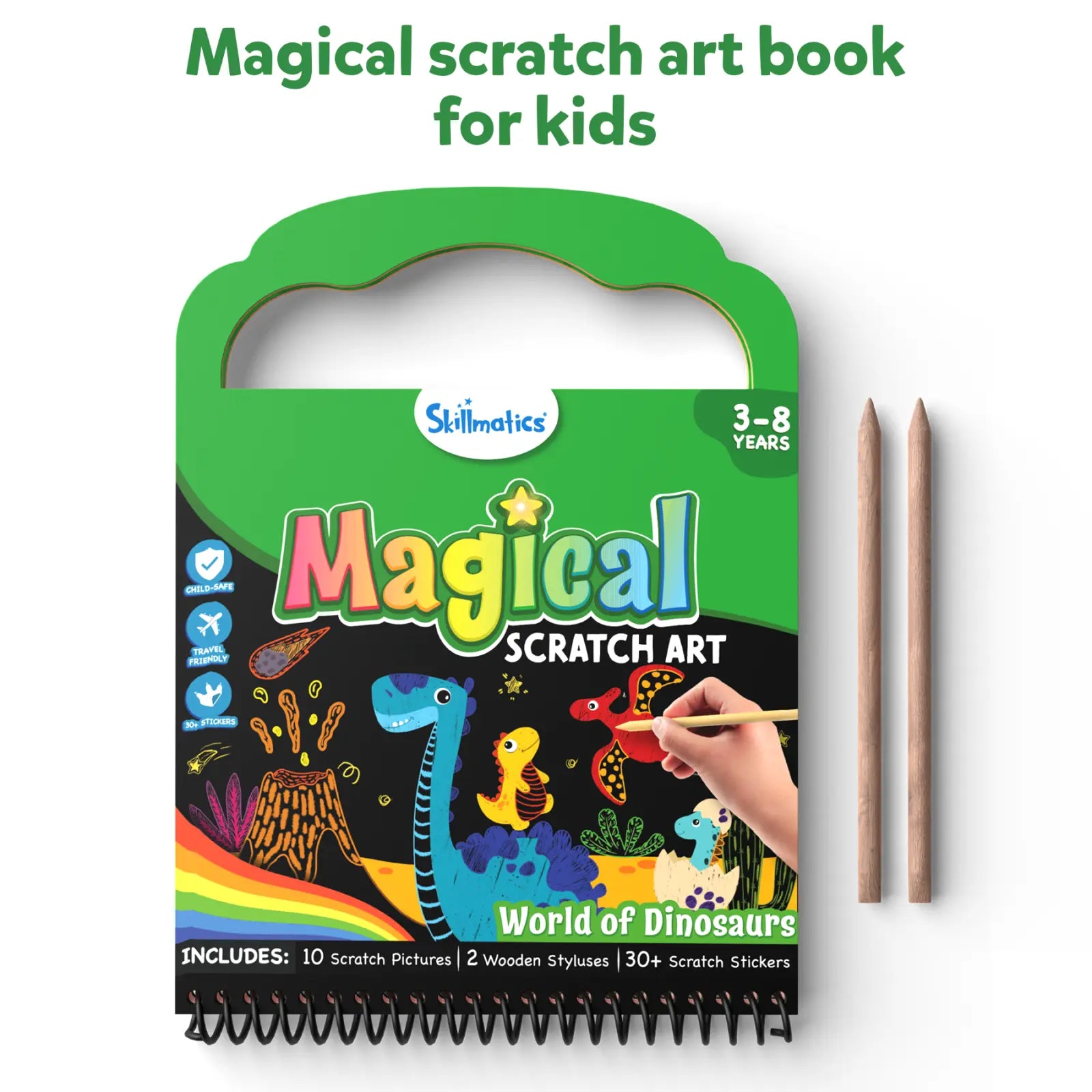 Magical scratch art book for kids featuring dinosaurs from the World of Dinosaurs collection