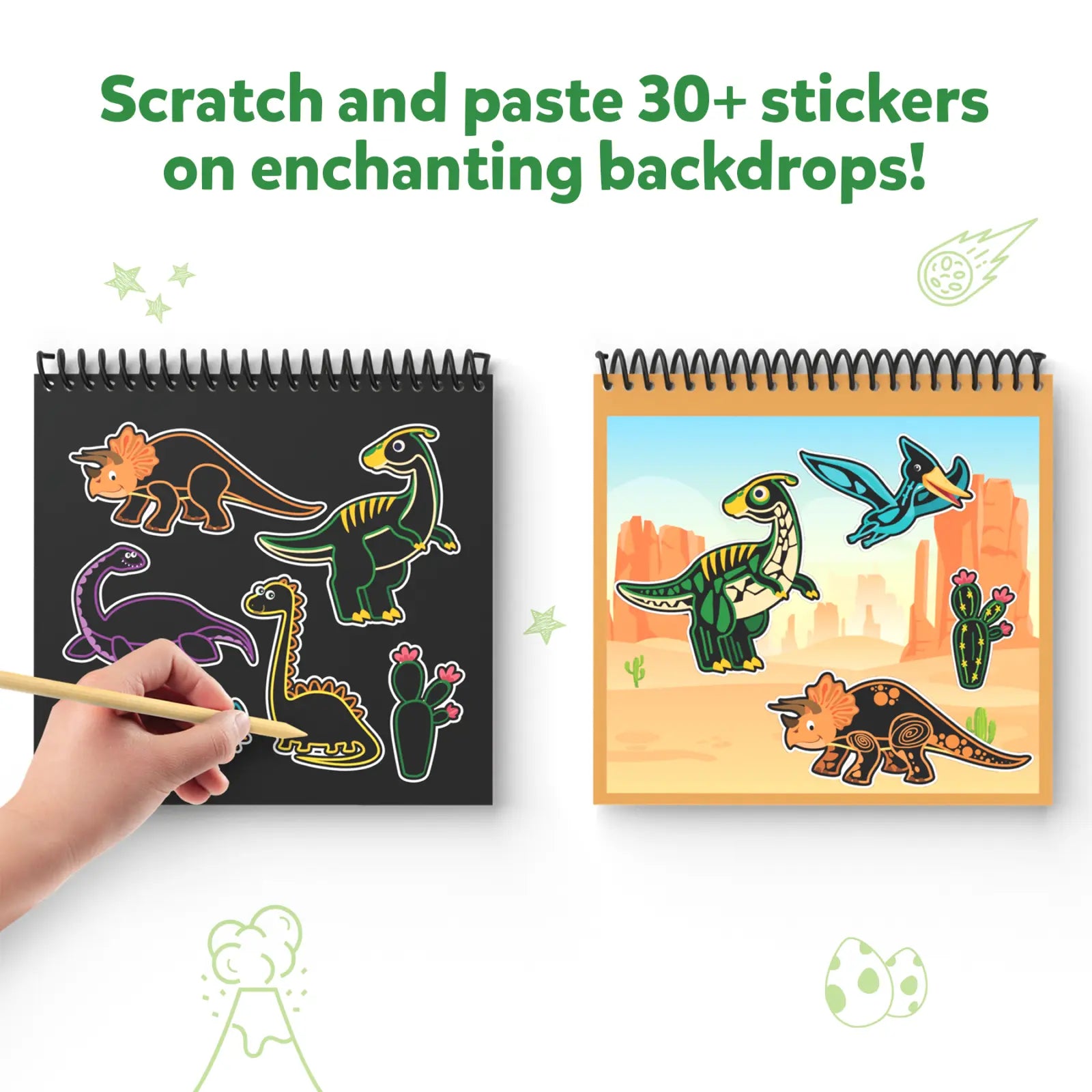 Dinosaur-themed scratch and paste sticker books from Magical Scratch Art World of Dinosaurs for ages 3-8