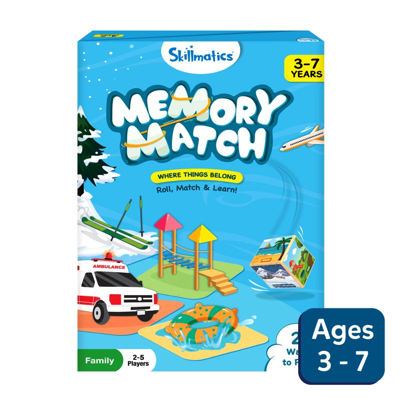 Skillmatics Memory Match game box for Memory Match Where Things Belong board game ages 3-7