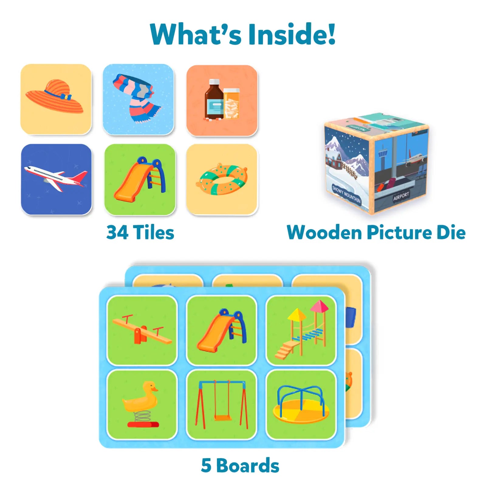 Children’s game components from Memory Match Where Things Belong board game for ages 3 to 7