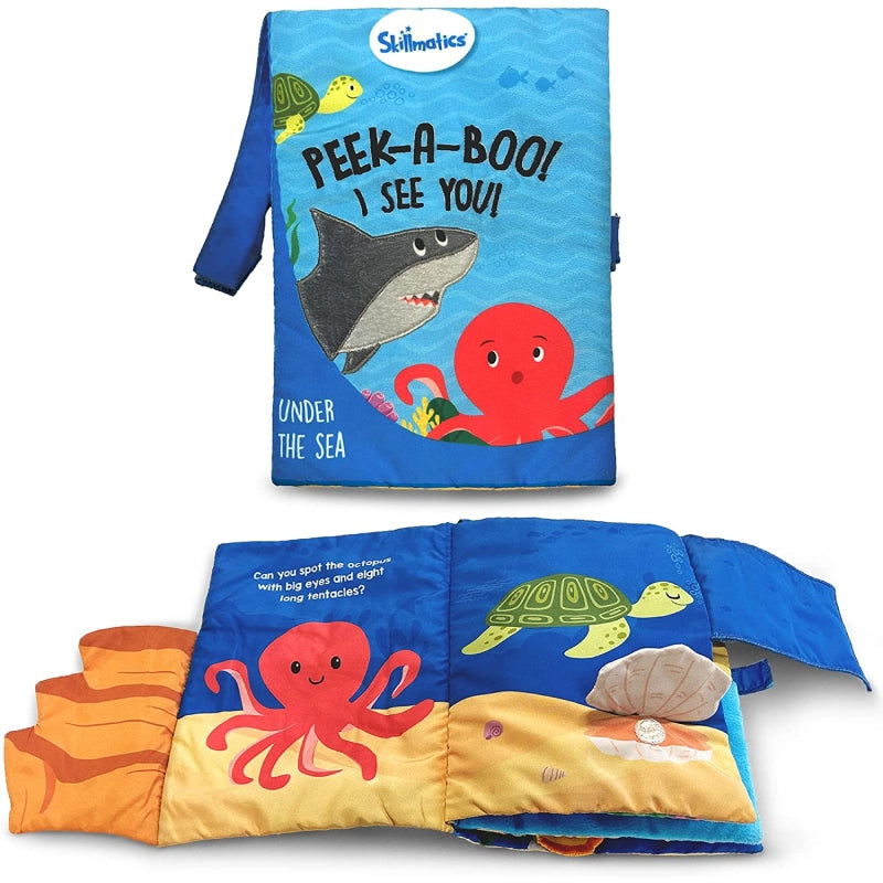 Fabric baby book featuring underwater animals from Peek-A-Boo Interactive Cloth Book collection