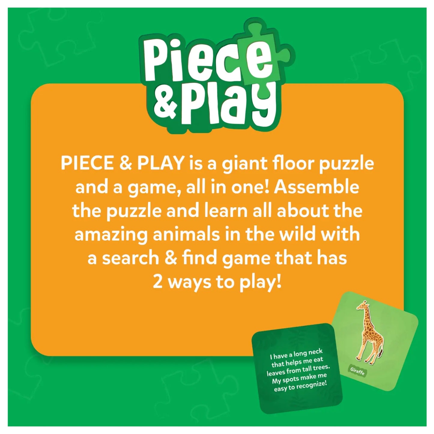 Advertisement for Piece & Play product with green and orange background