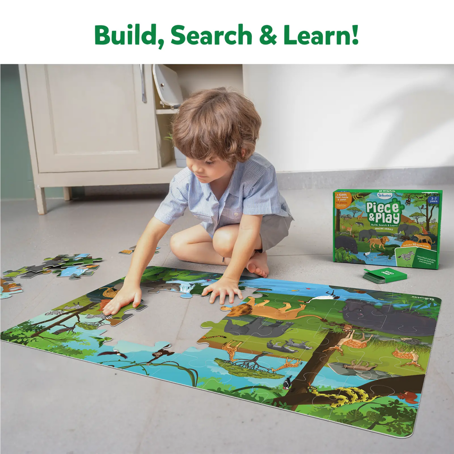 Jungle-themed puzzle being assembled from Piece & Play Amazing Animals Jigsaw Puzzle for ages 3-7