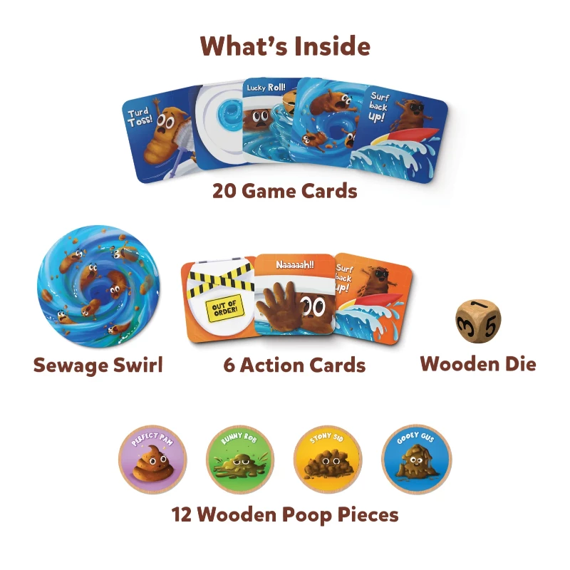 Contents of a Poop Wars Card Game showing humorous game pieces and cards for ages 6+