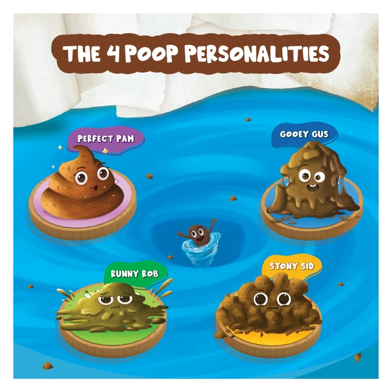 Cartoon poop personalities from Poop Wars Card Game for ages 6 and up