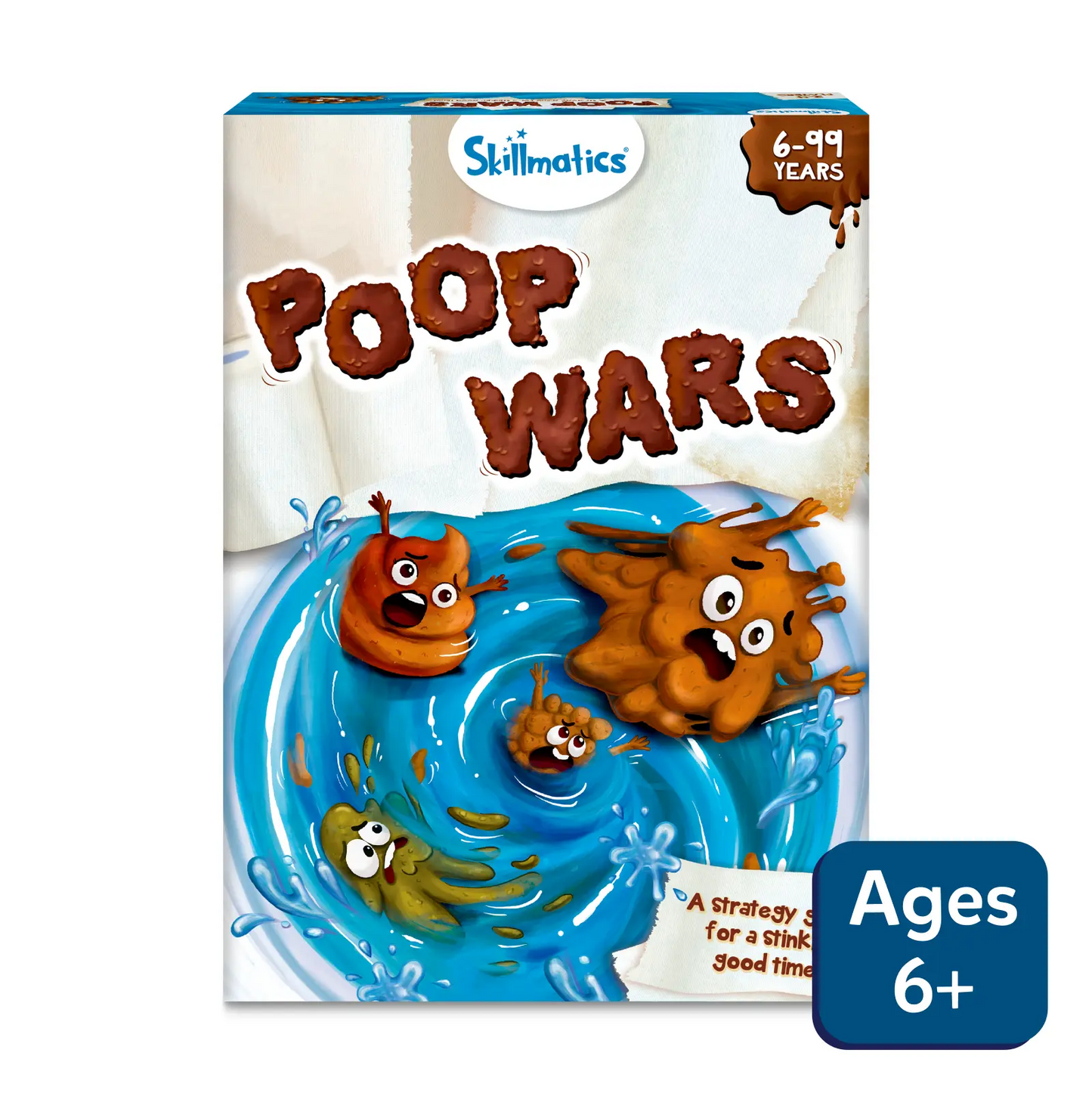 Box of 'Poop Wars' game by Skillmatics with toy figures on a white background