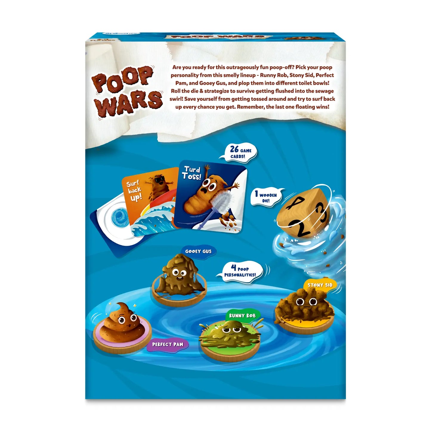 Box of Poop Wars game with cartoon poop characters and game components.