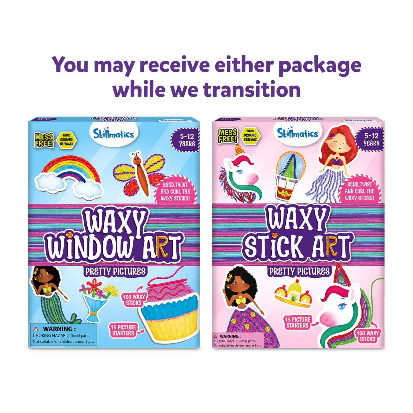 Two Skillmatics art kit packages shown side by side during a packaging transition: Waxy Window Art on the left and Waxy Stick Art on the right