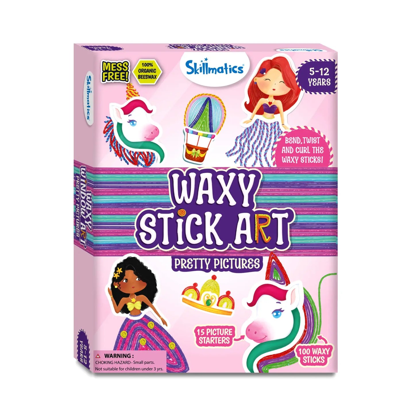 Skillmatics Waxy Stick Art packaging with illustrations and text on a white background