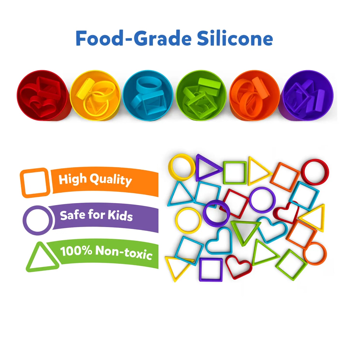 Colorful silicone shape cutters for sorting, counting, and sequencing play for kids