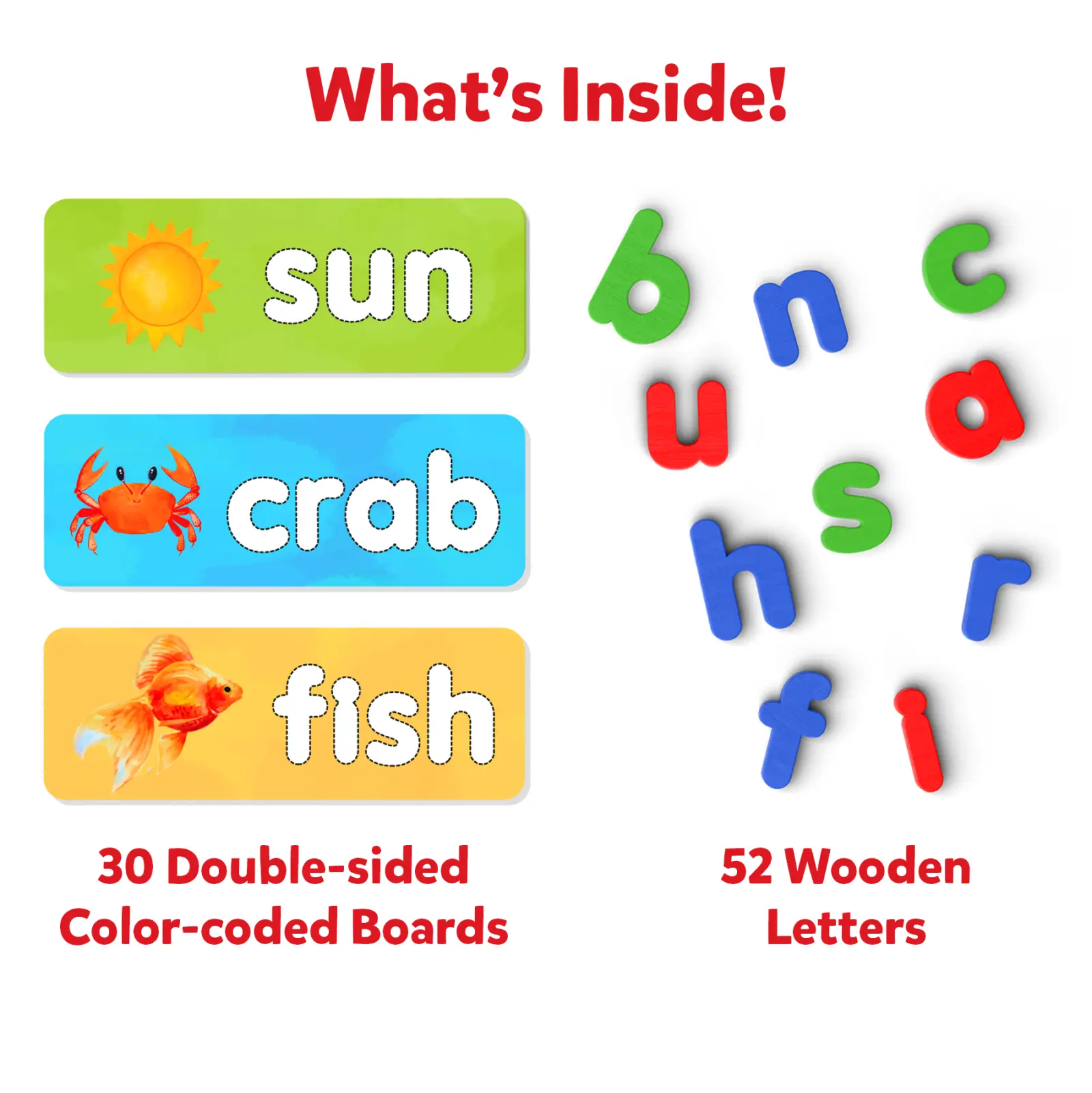 Educational word-building game on wooden boards for ages 4 to 7 in Ready To Spell product