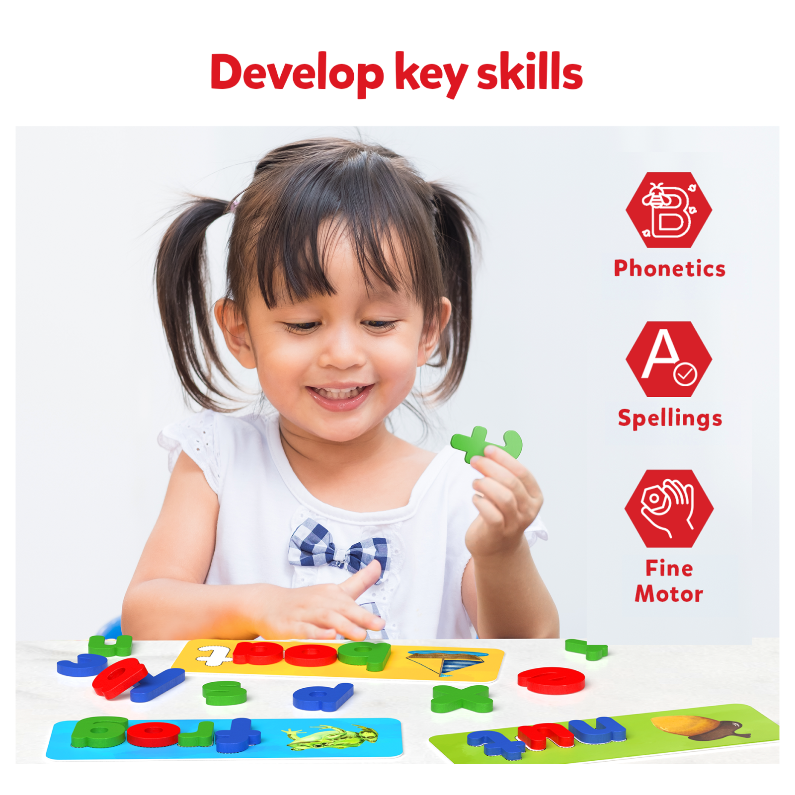 Child’s educational spelling toy on wooden boards from Ready To Spell spelling game