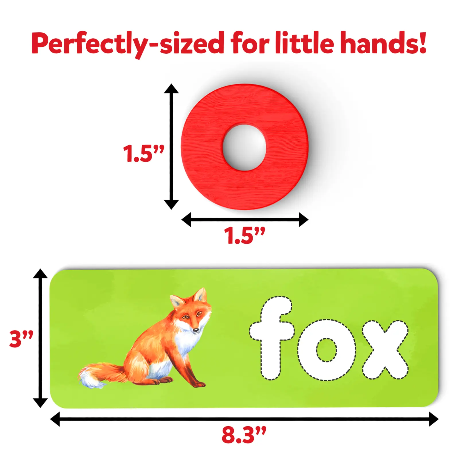 Educational toy with a red ring and fox card from Ready To Spell spelling game for ages 4-7