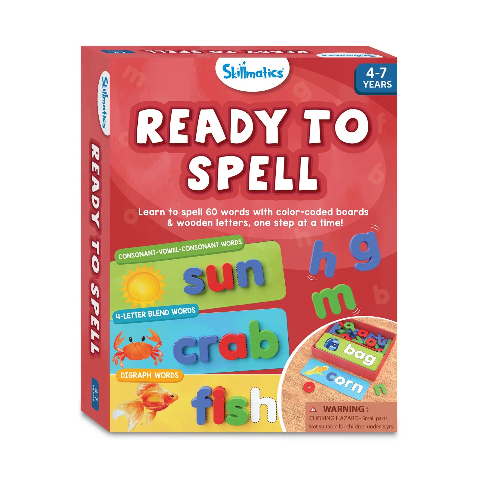 Skillmatics Ready to Spell educational game with wooden spelling boards for ages 4-7