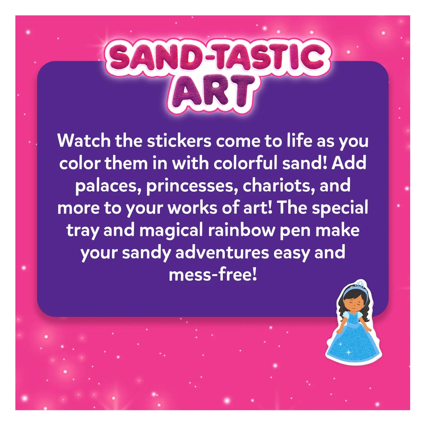 Sand art product description for Sand-Tastic Art Unicorns & Princesses Controlled-Mess Sand Art