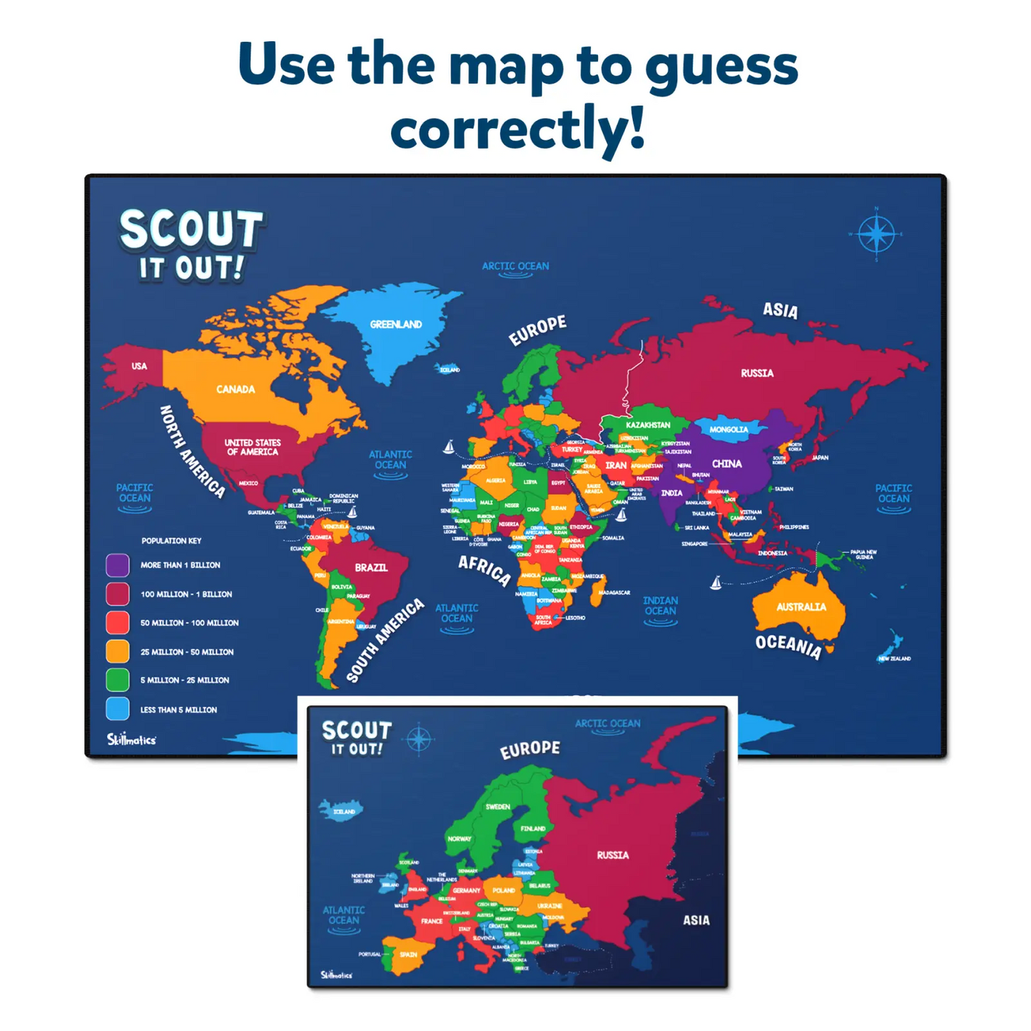 World map with population key for Scout it Out Trivia Board Game for ages 7+