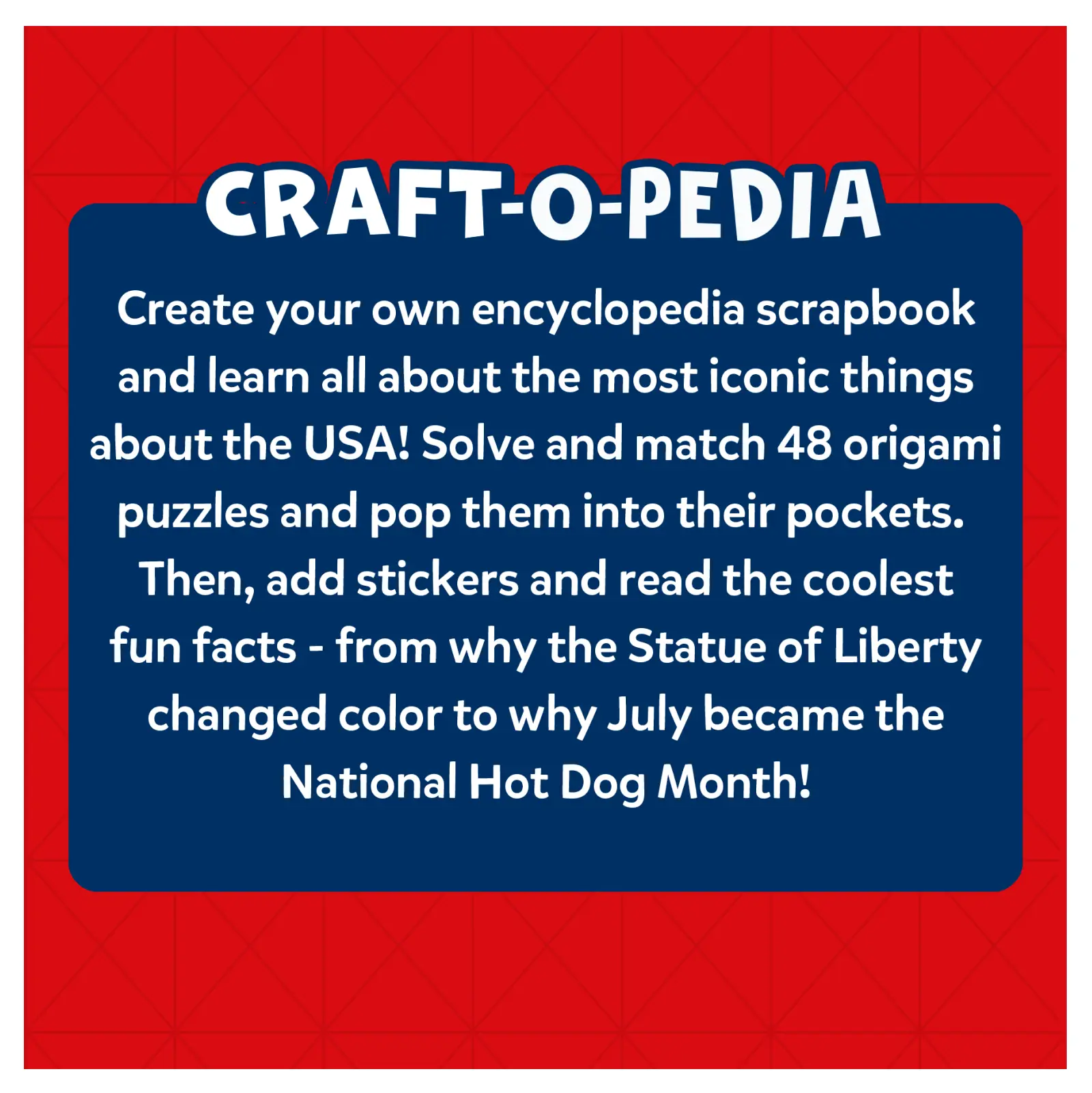 Craft-O-Pedia scrapbook description showcasing USA-themed origami puzzle book for ages 7+