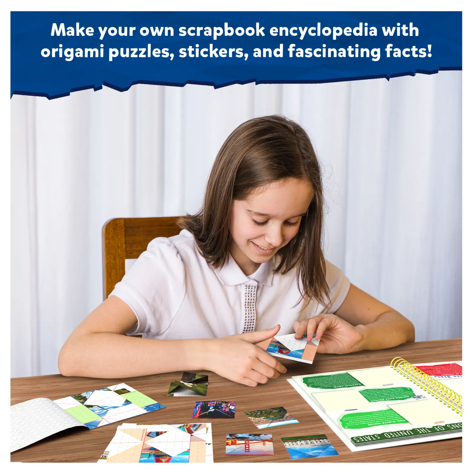 Girl making origami puzzles with text about a scrapbook encyclopedia.