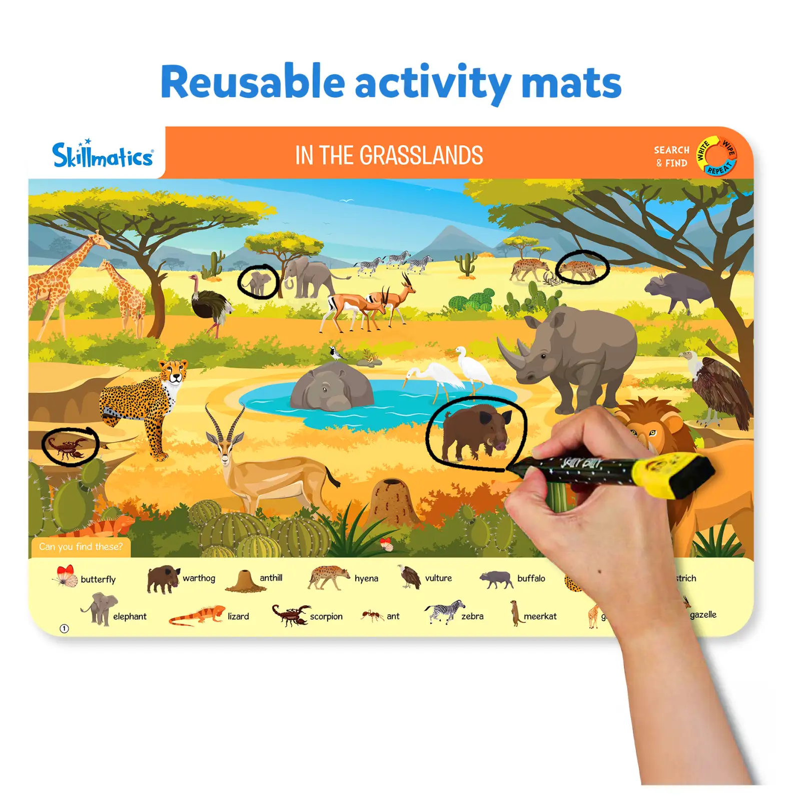 Reusable activity mat featuring grassland animals for ages 3 to 6