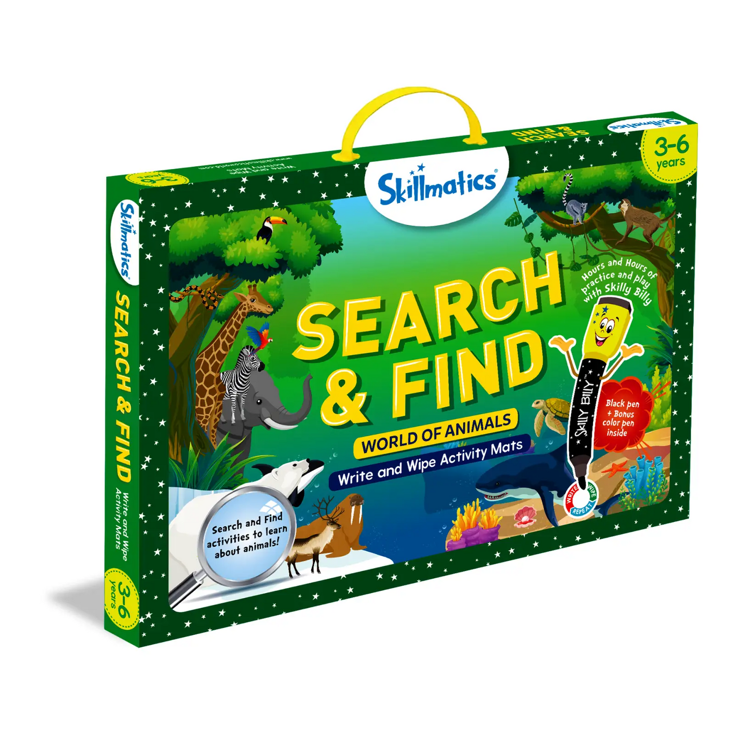 Green box with handle showcasing Search & Find animal-themed activity set for kids ages 3-6