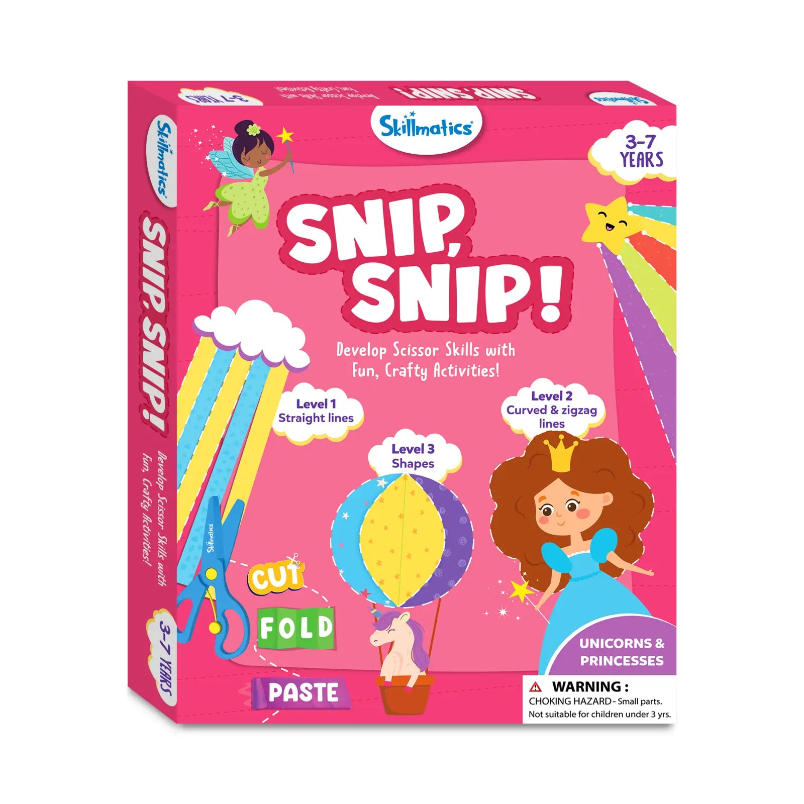 Scissor skills activity box with unicorn and princess-themed art and craft tools for ages 3-7