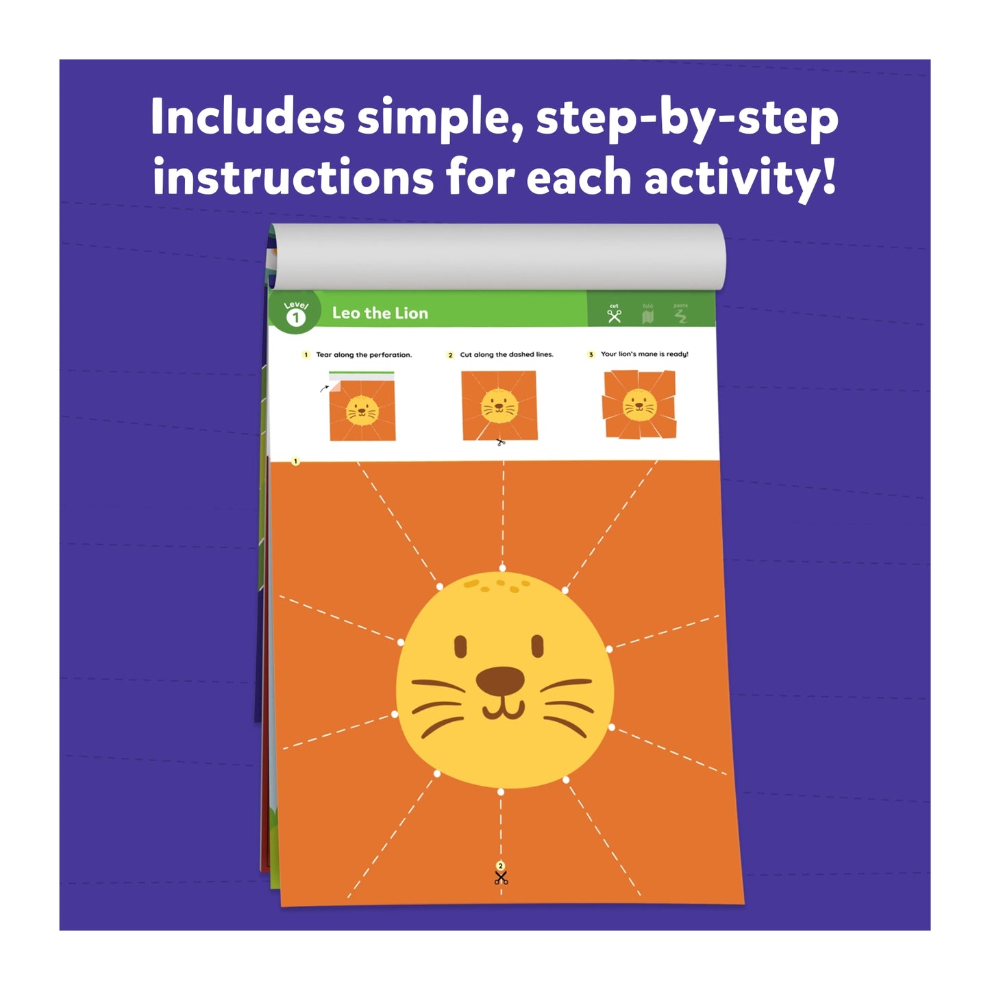 Leo the Lion activity page from Snip Snip Art & Craft Kit for ages 3-7