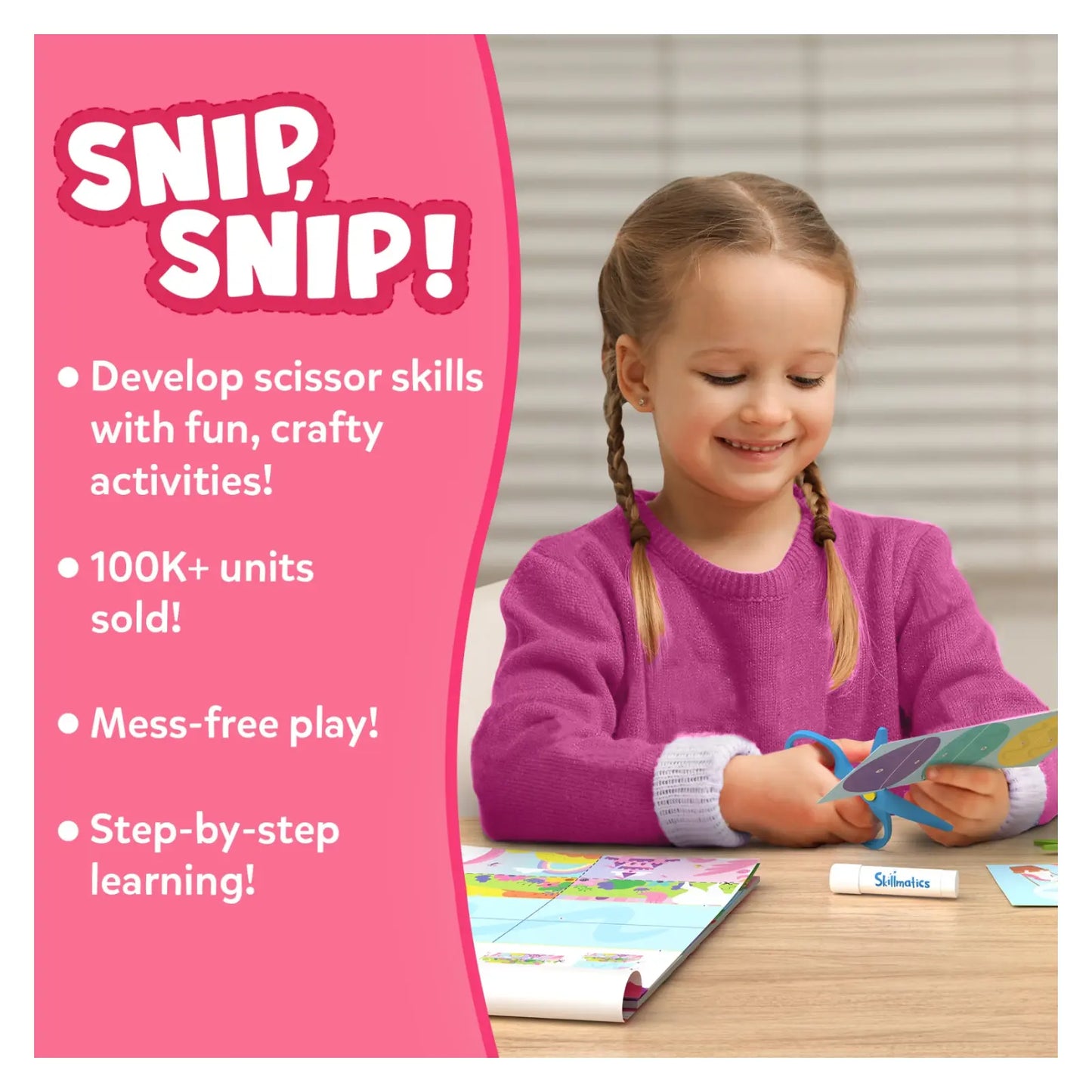 Young girl using scissors with educational materials, promotional text on pink background