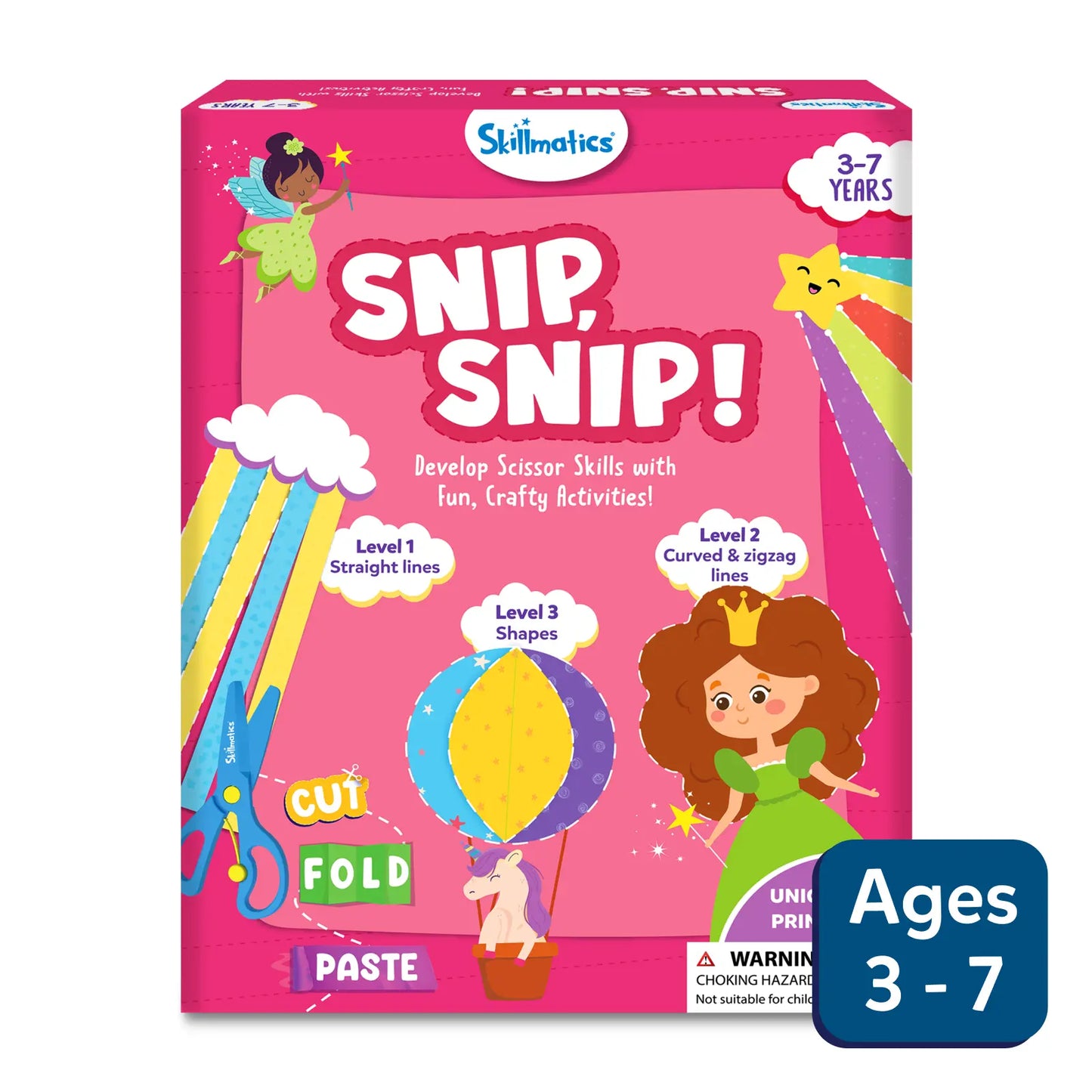 Skillmatics Snip, Snip! craft kit packaging with a fairy and scissors on a pink background