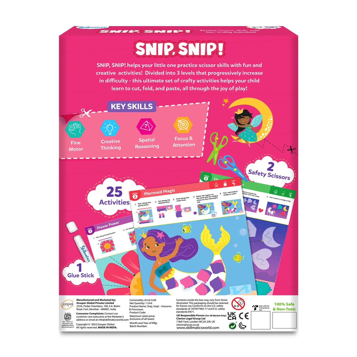 SNIP! SNIP! craft kit packaging with pink background and colorful illustrations