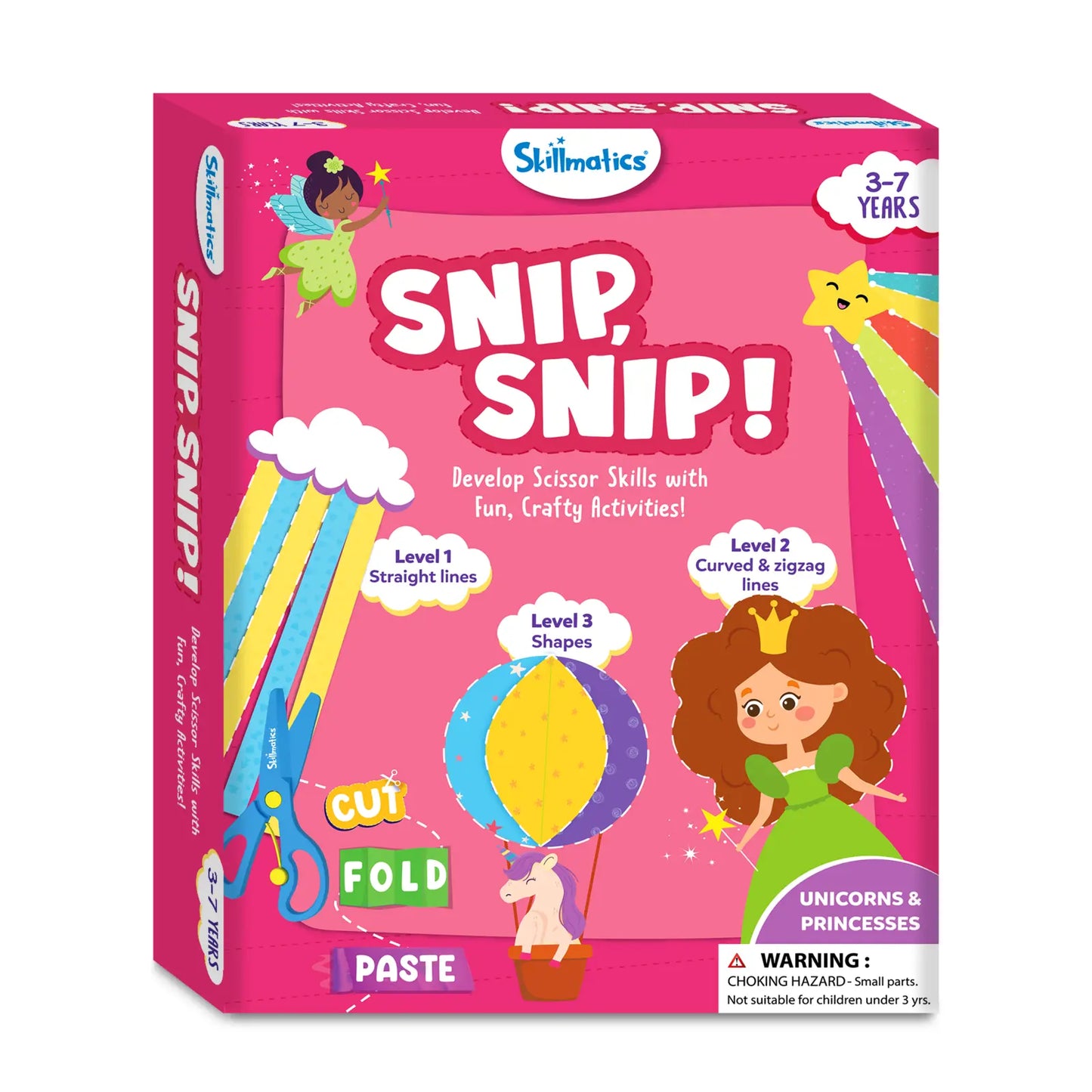Skillmatics Snip, Snip! craft kit packaging with scissors and children's activities on a pink background