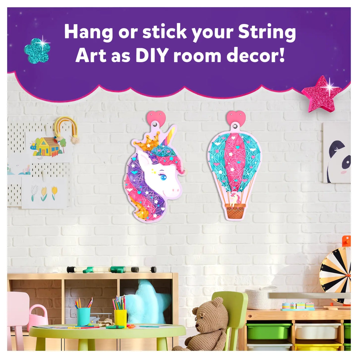 DIY string art room decor with colorful unicorn design from Super Strings Unicorn Magic for kids