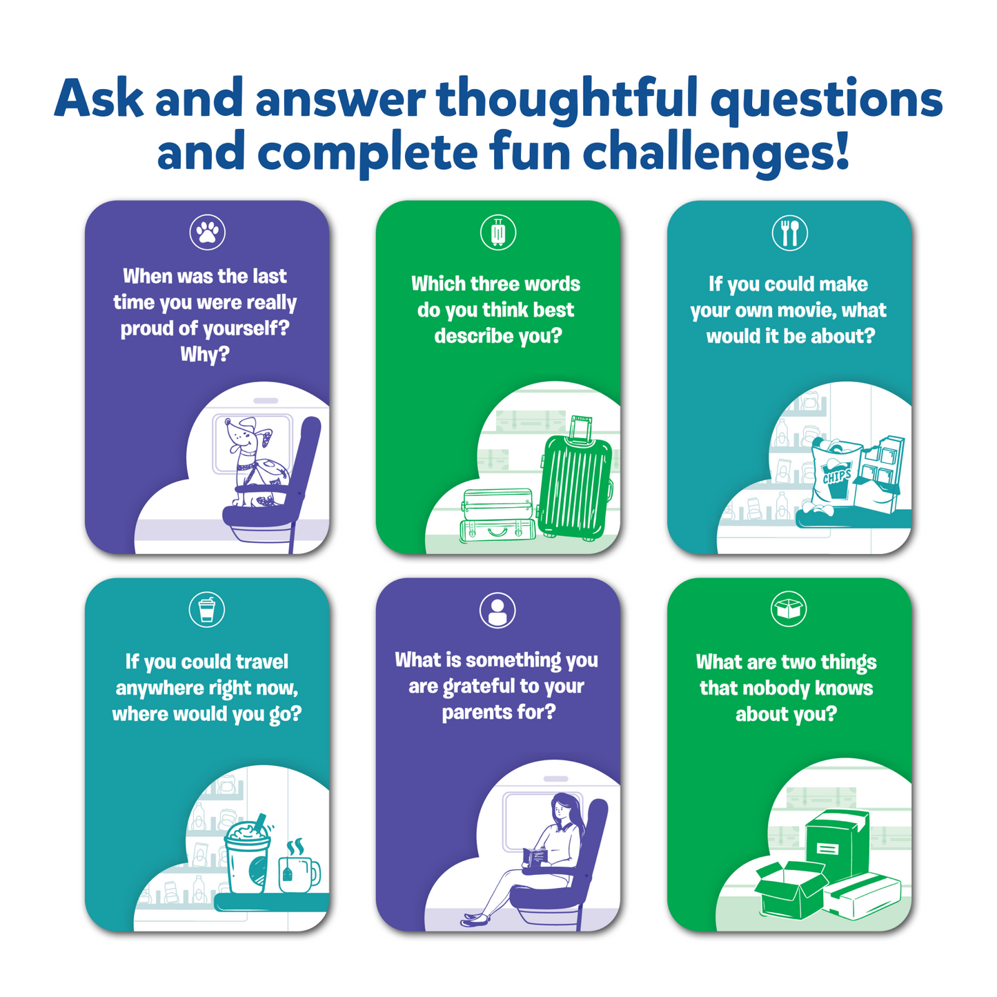 Question cards for family conversation starters in Train of Thought game for ages 6+