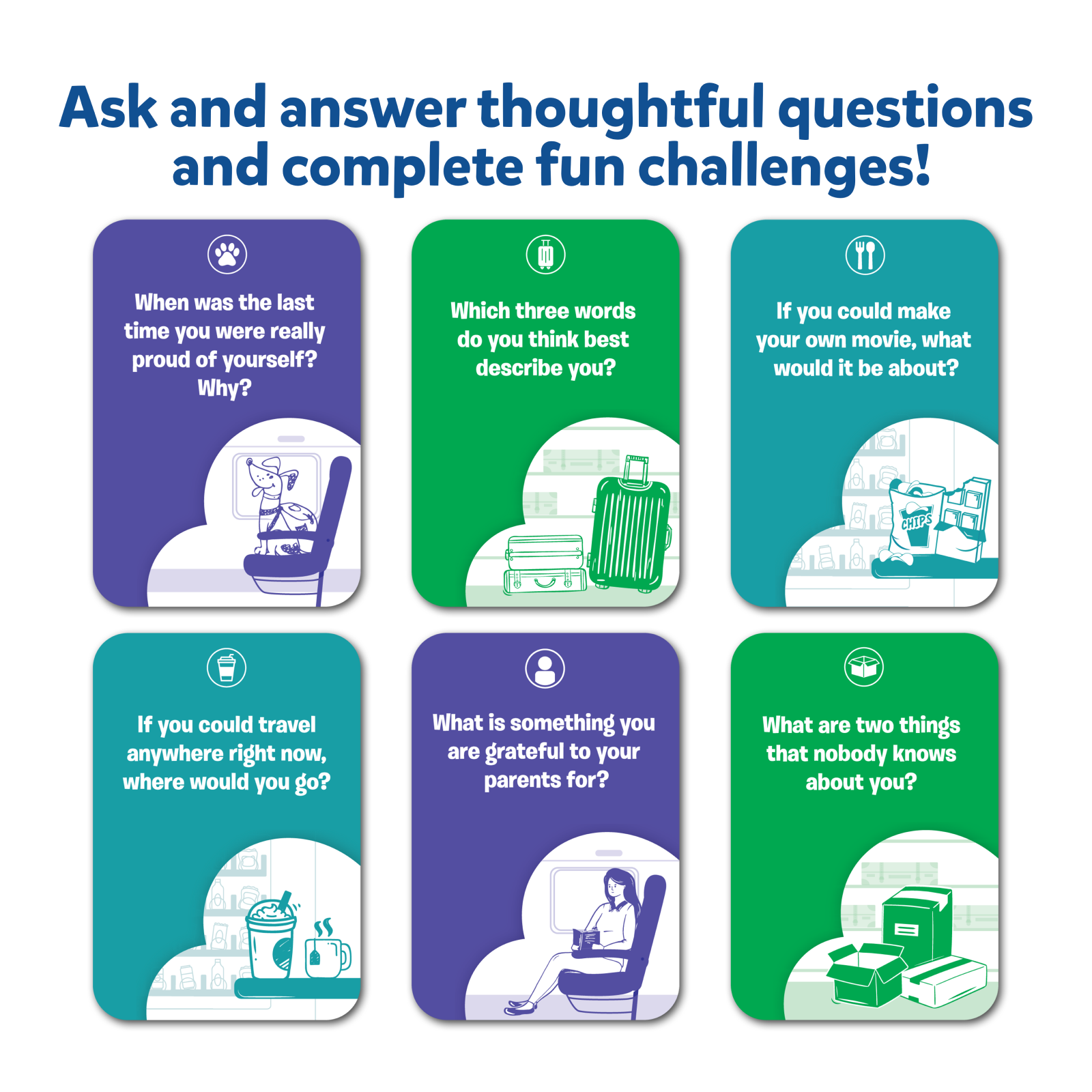 Question cards for family conversation starters in Train of Thought game for ages 6+