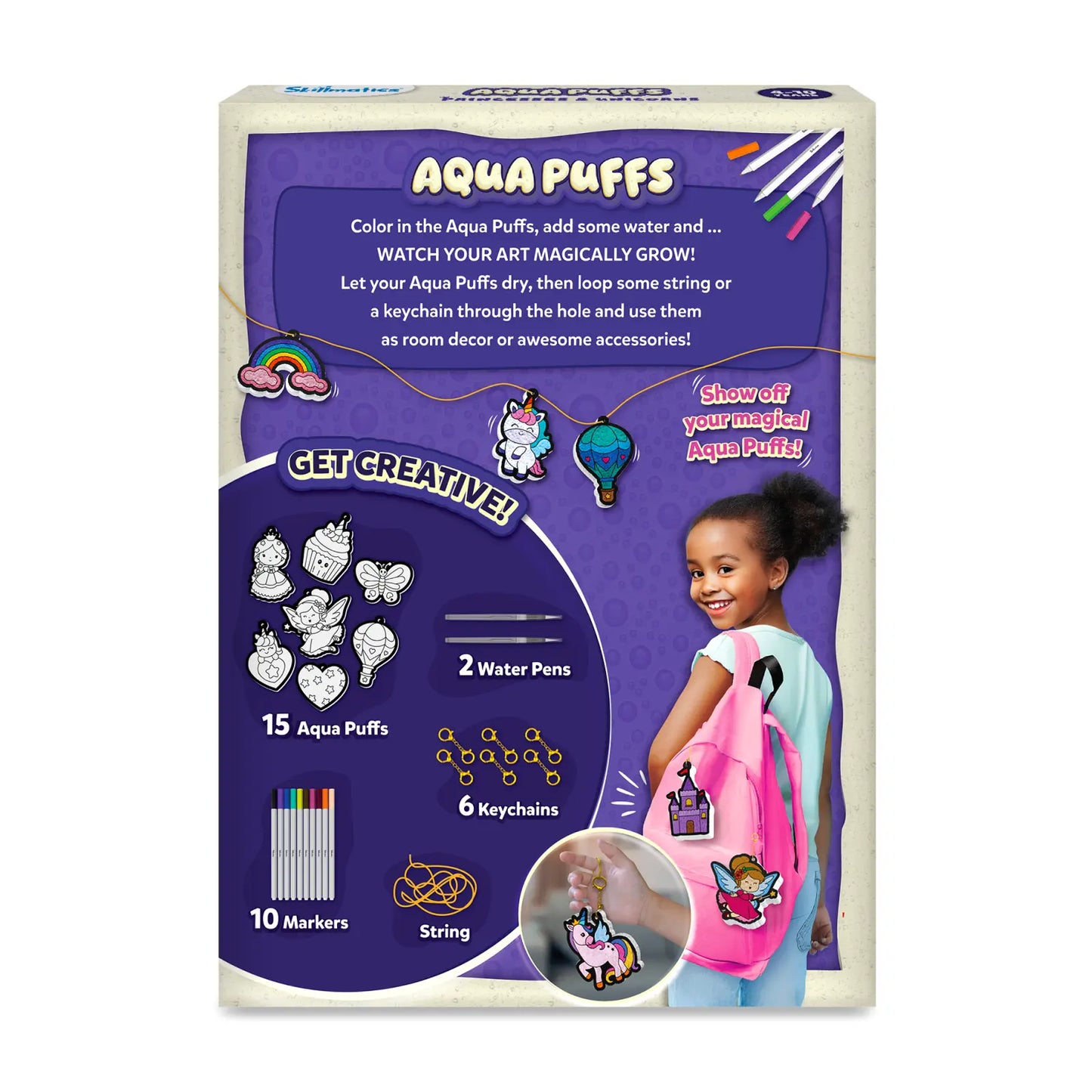 Aqua Puffs product packaging with a child and unicorn illustration on a white background