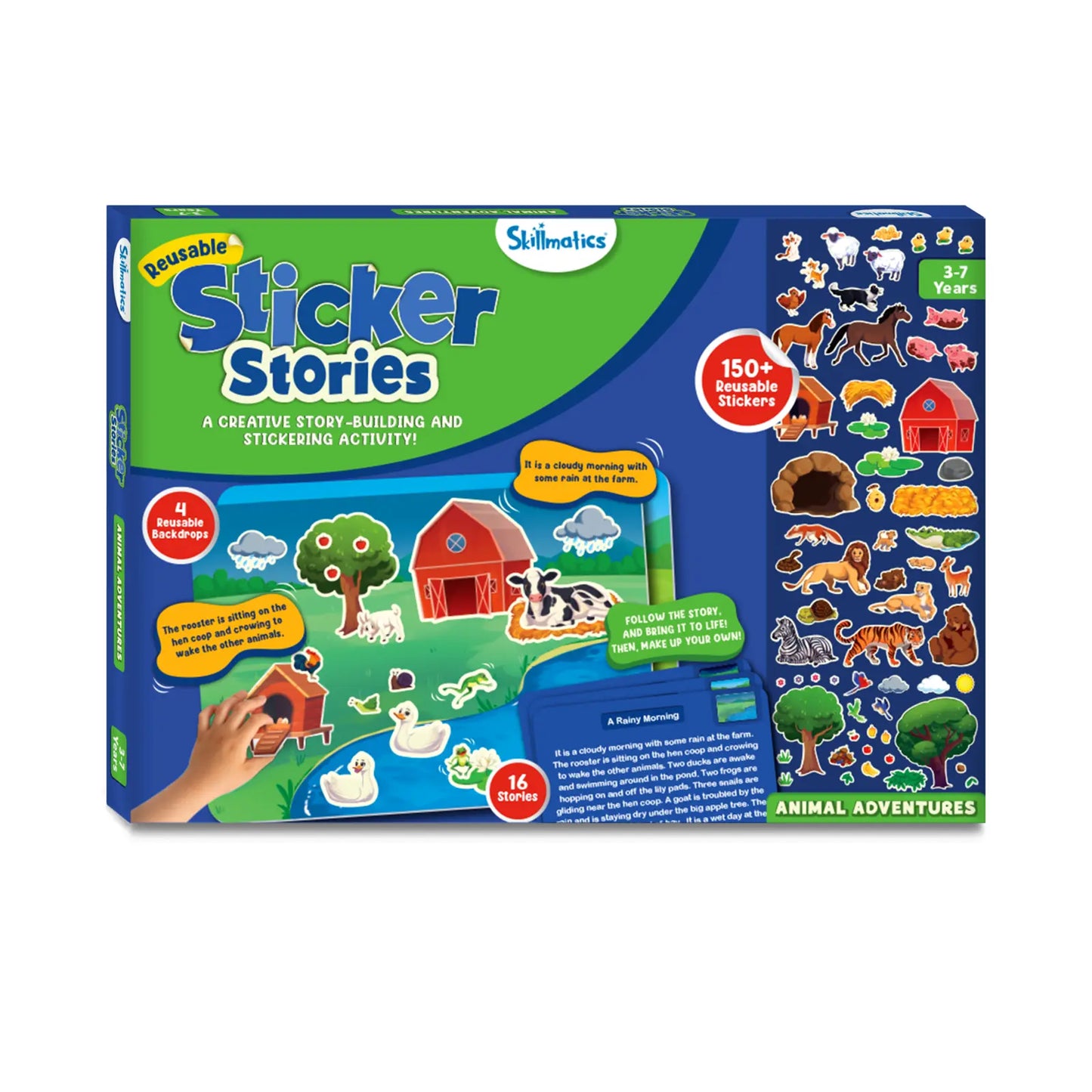 Skillmatics Reusable Sticker Stories Activity Set showing Animal Adventures for ages 3-7
