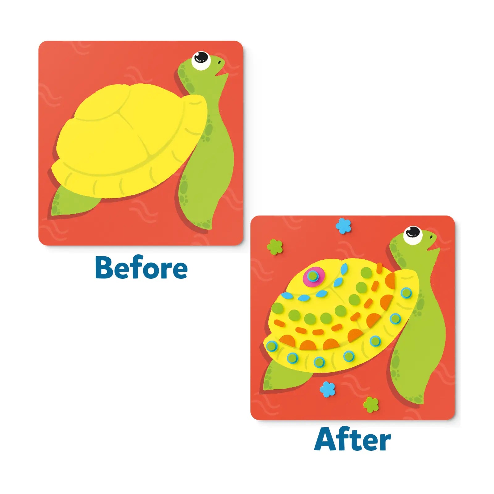 Turtle-themed before-and-after comparison for Fun with Foam Under the Ocean sticker art