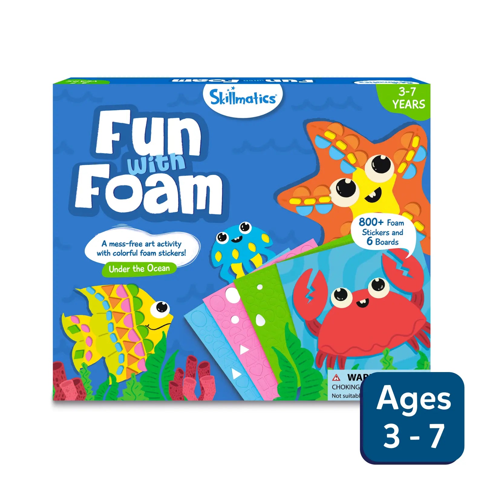 Packaging for 'Fun with Foam: Under the Ocean' sticker art activity set, featuring colorful underwater creatures and indicating ages 3-7.