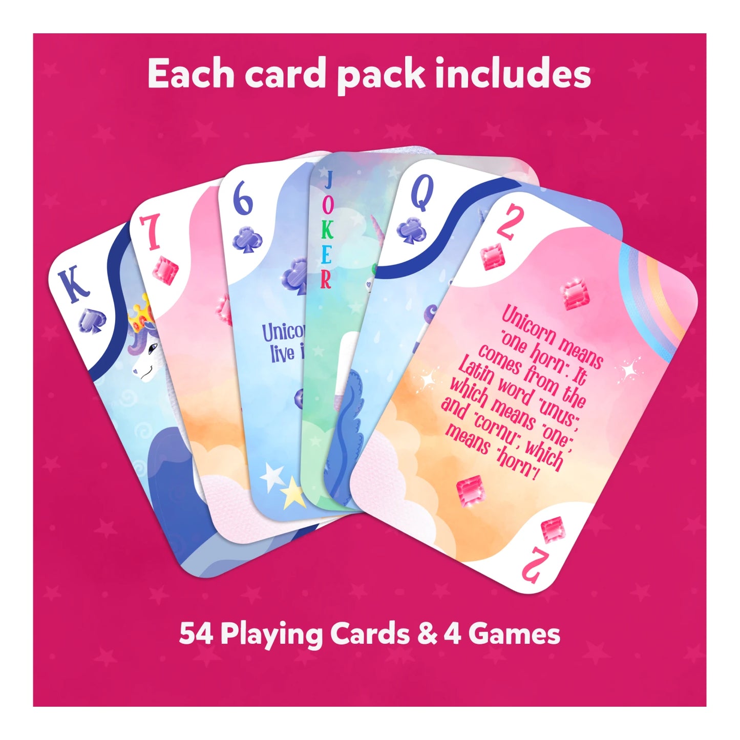 Unicorn-themed playing cards from Unicorn Cards 15-pack set for ages 4 to 7