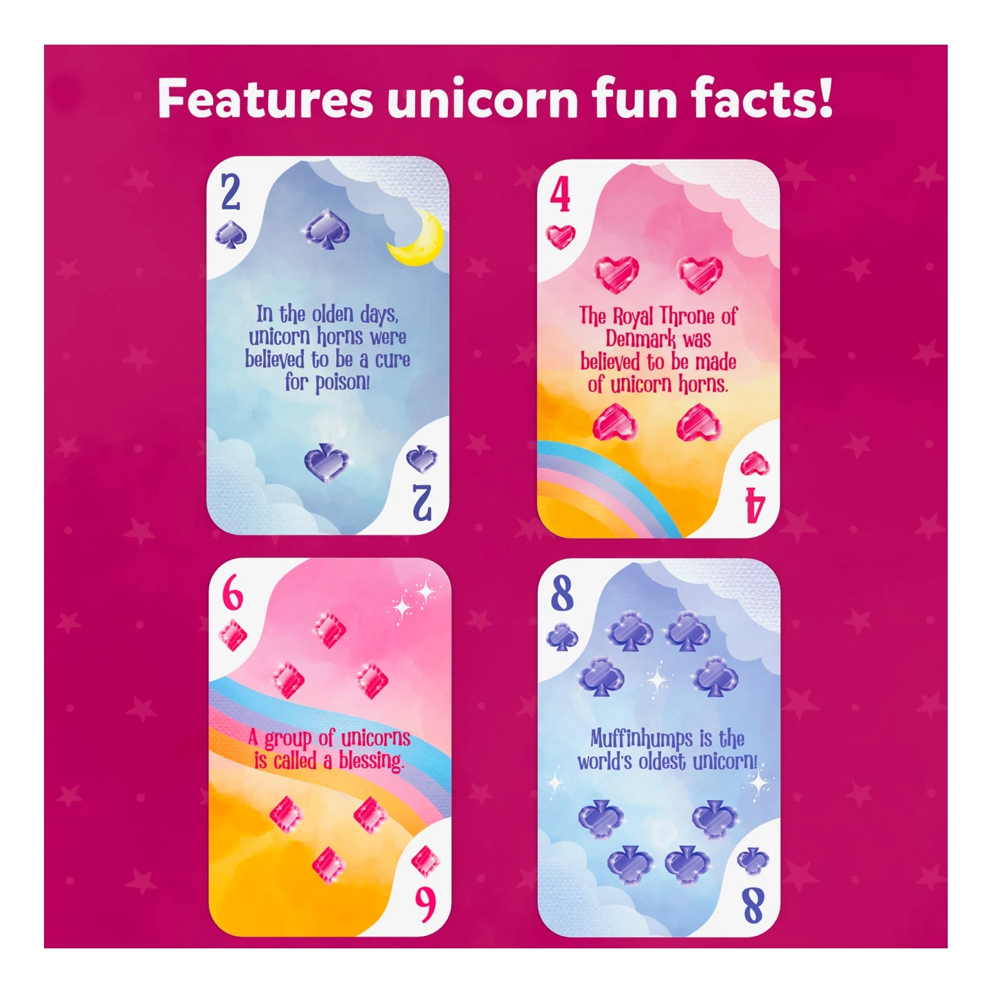 Unicorn fun fact playing cards from Unicorn Cards 15 Pack Playing Cards Set for kids