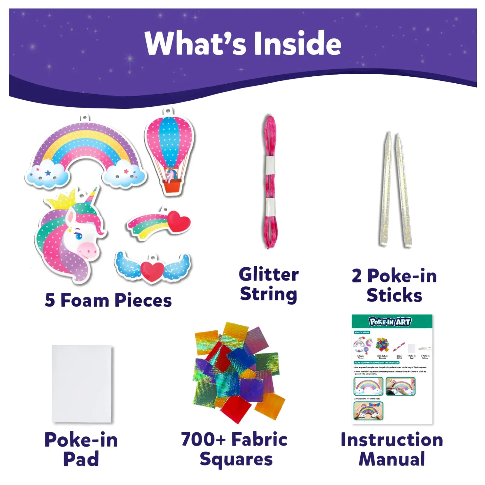 Craft kit components for Poke-in Art Magical Unicorn Dream Decor for kids ages 4-9
