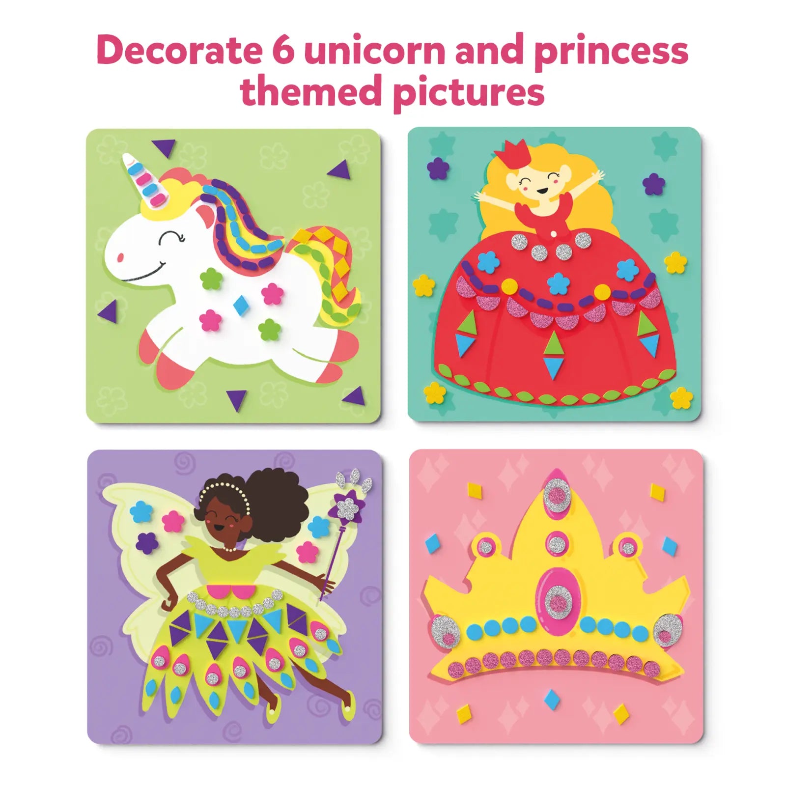 Unicorn and princess themed craft pictures from Fun with Foam No Mess Sticker Art for ages 3-7