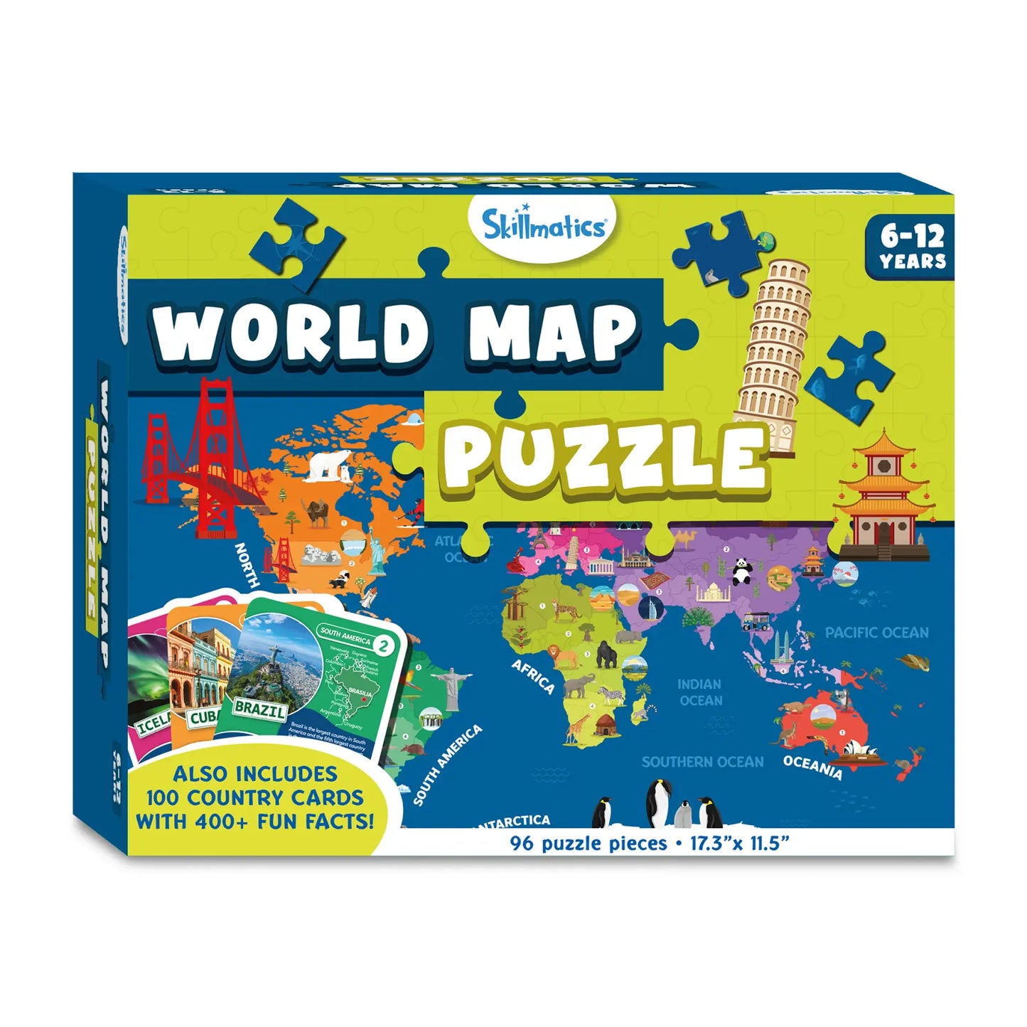 World map puzzle box for ages 6-12 showcasing educational geographic game