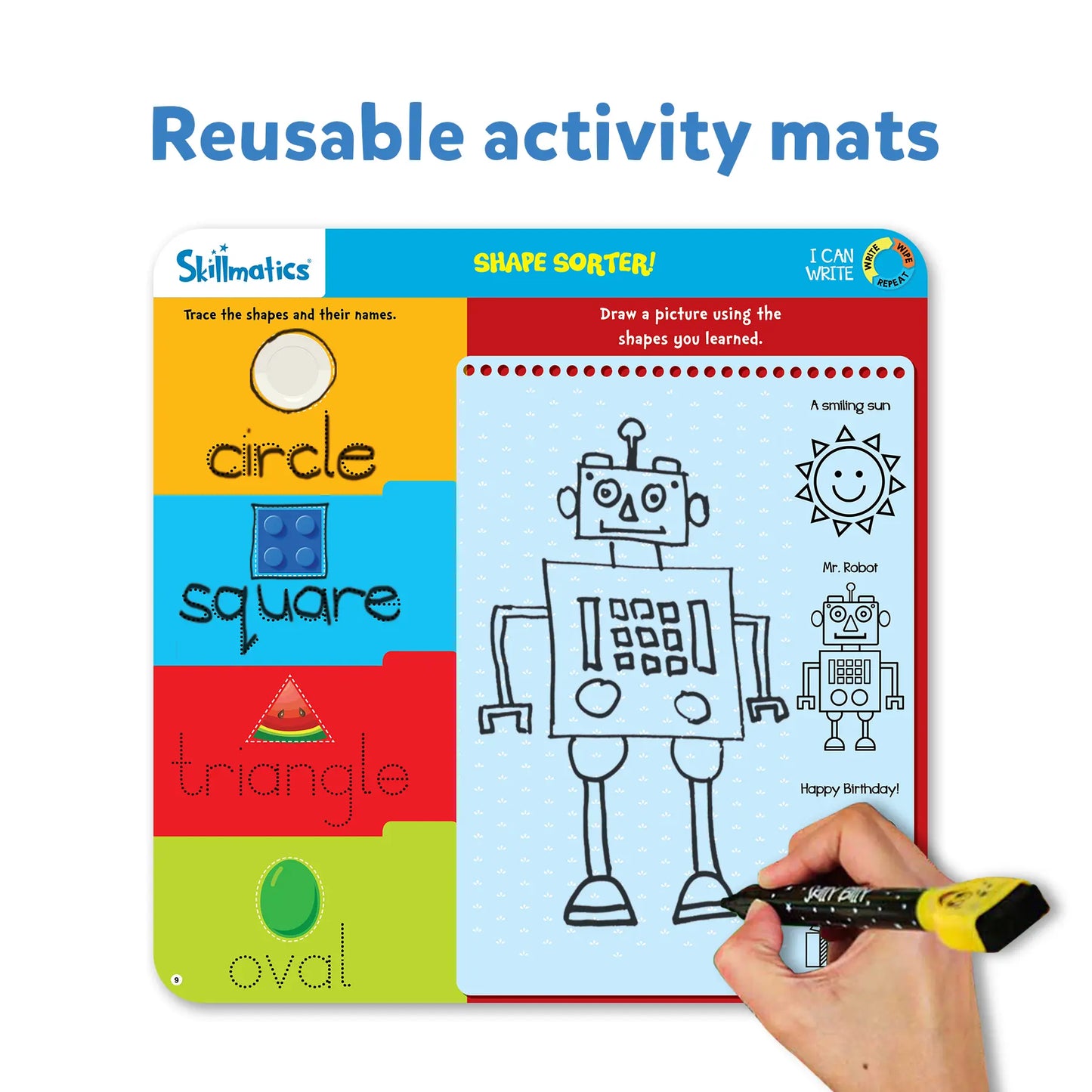 Shape-learning activity mat from Skillmatics I Can Write Reusable Activity Mats for ages 3 to 6