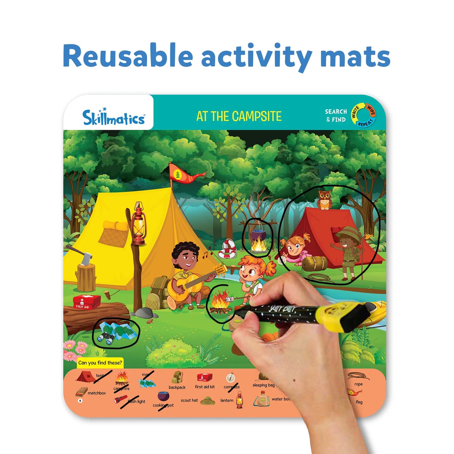 Reusable campsite activity mat from Skillmatics Search and Find for ages 3 to 6