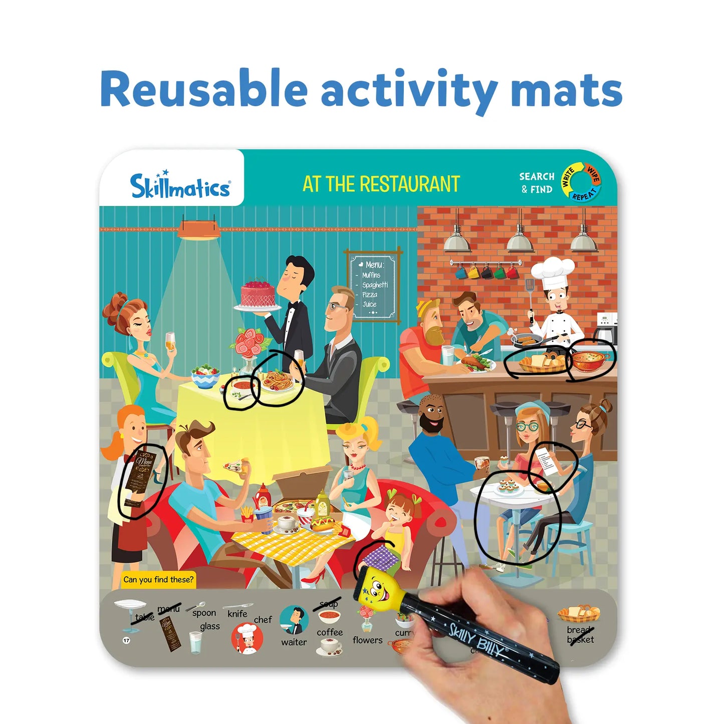 At the Restaurant reusable activity mat from Skillmatics Search and Find series for ages 3-6