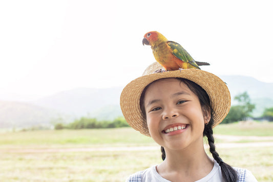 article image showing -Smiling girl wearing a hat with a colorful parrot perched on it for Bird Feeder craft